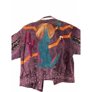 Opal Purple Acid Washed Denim Jean Jacket Desert Scene Wolf Moon RARE Sz Medium